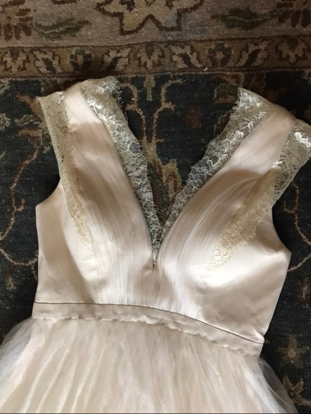 Ivory Lace Trim Tulle V-Neck Dress